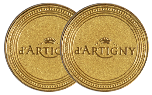 Pièces personnalisées dorées fabriquées en Laiton finition poli-sablé. Coins d_Artigny