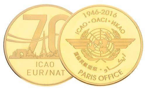 Pièce d'or personnalisée finition poli-miroir. 70 ans ICAO EUR-NAT Paris